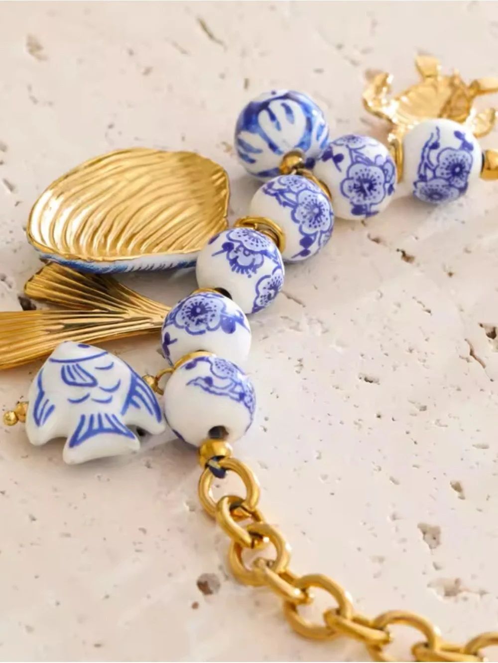 Fish Shell Drop Statement Necklace~ 18K Gold Plated ~ New - Picture 3 of 8
